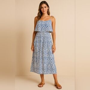 Roxelan Blue & White Ikat Flounce Midi Dress – Size 42 (Fits M/L)
